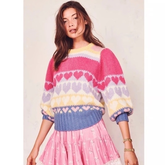 LOVESHACKFANCY Shirelle Puff Sleeve Heart Sweater Wool alpaca Romantic women L - Picture 1 of 13